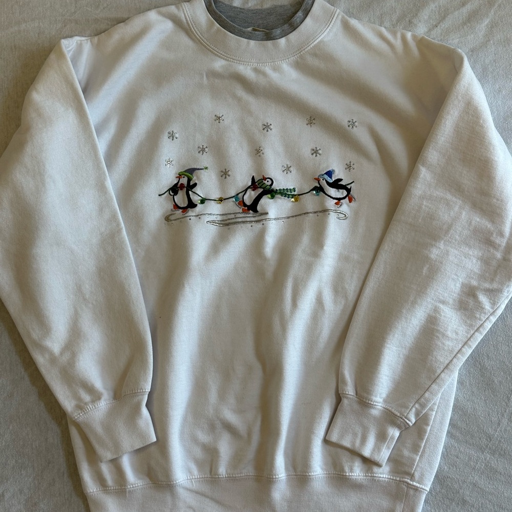 Cute White Embroidered Sweater: Christmas penguins skiing